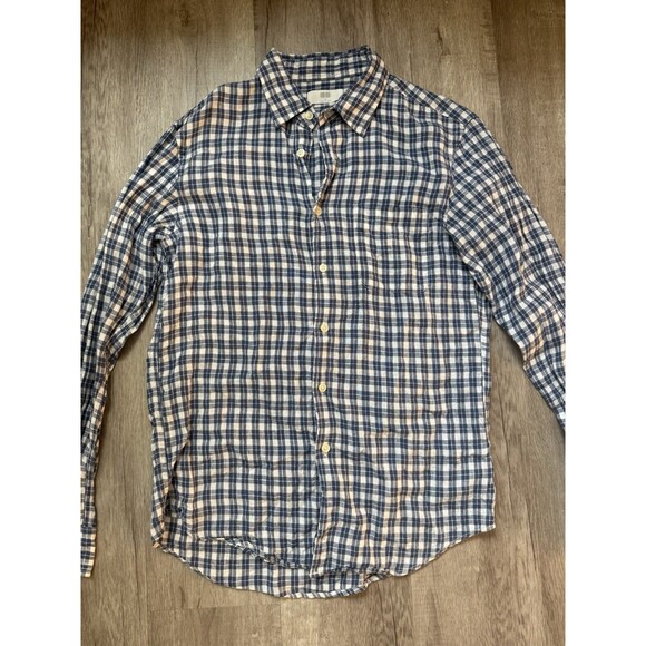 Uniqlo 100% Linen Button Up Shirt Blue Checked Plaid Size Small Casual Summer - Picture 1 of 7